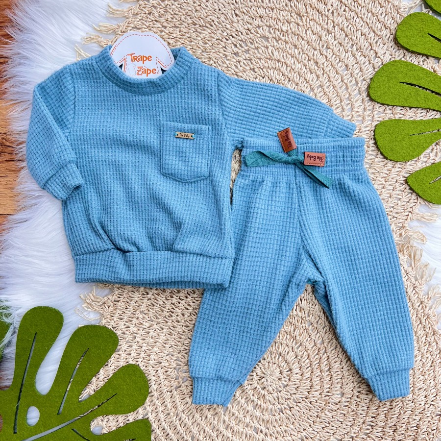 Conj. Casaco Malha Wafle e Calça - Azul